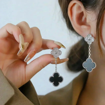 [✨ROSE✨]CLOVER 2 MOTIFS  DIAMOND ONYX EARRINGS SILVER