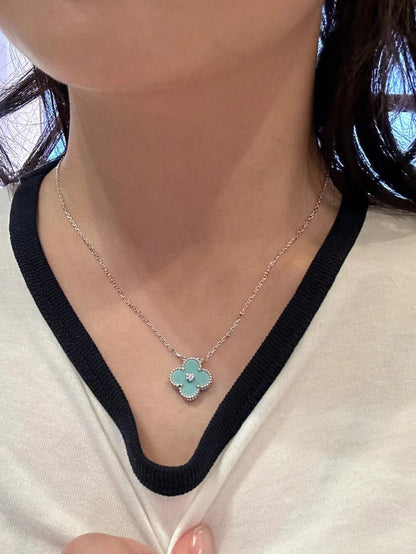 [✨ROSE✨]CLOVER 1 DIAMOND LIGHT BLUE SILVER NECKLACE