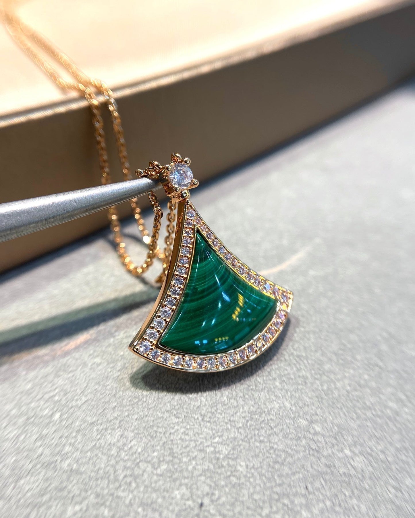 [✨ROSE✨]DREAM MALACHITE DIAMOND PAVED PINK GOLD NECKLACE