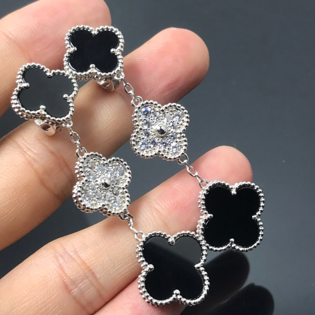 [✨ROSE✨]CLOVER 3 MOTIF DIAMOND ONYX SILVER EARRINGS