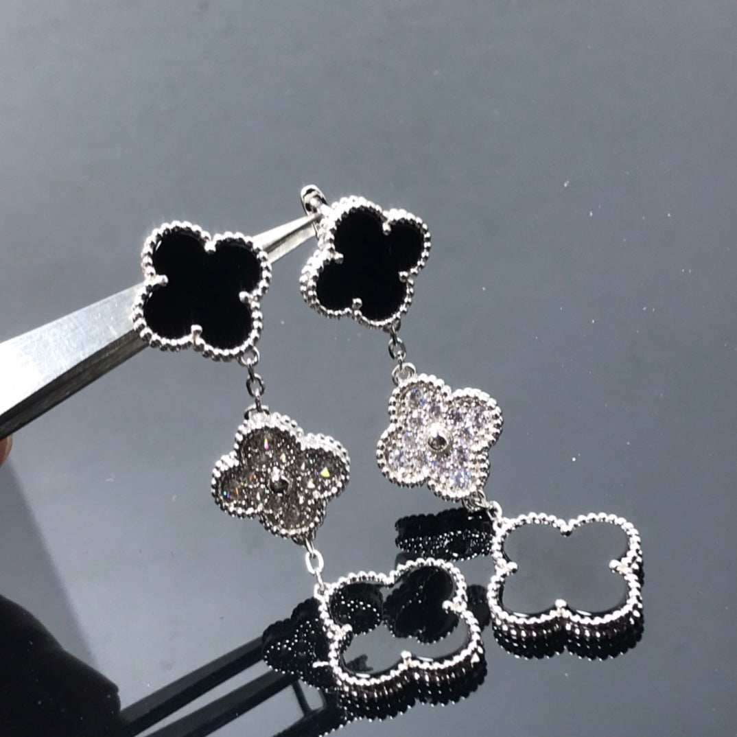 [✨ROSE✨]CLOVER 3 MOTIF DIAMOND ONYX SILVER EARRINGS
