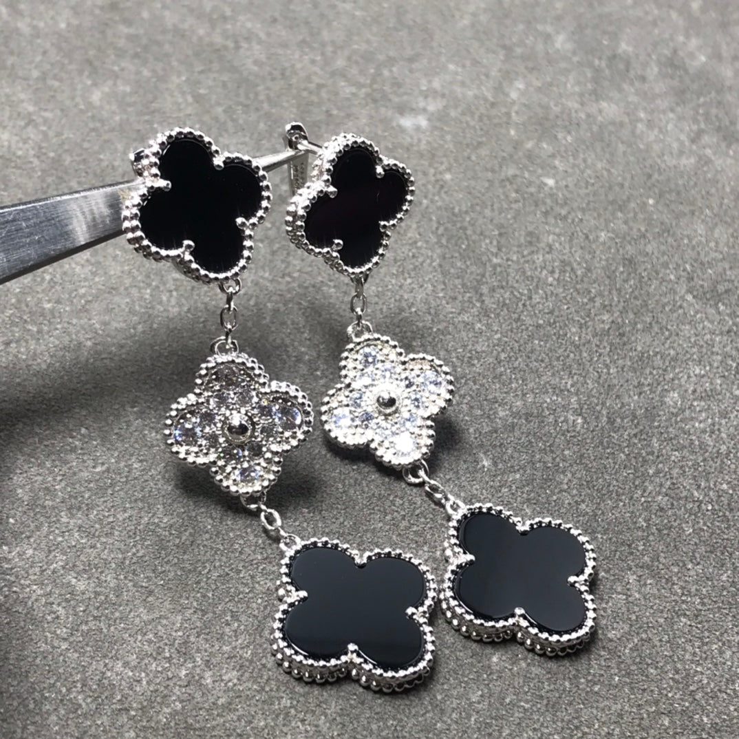 [✨ROSE✨]CLOVER 3 MOTIF DIAMOND ONYX SILVER EARRINGS
