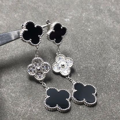 [✨ROSE✨]CLOVER 3 MOTIF DIAMOND ONYX SILVER EARRINGS