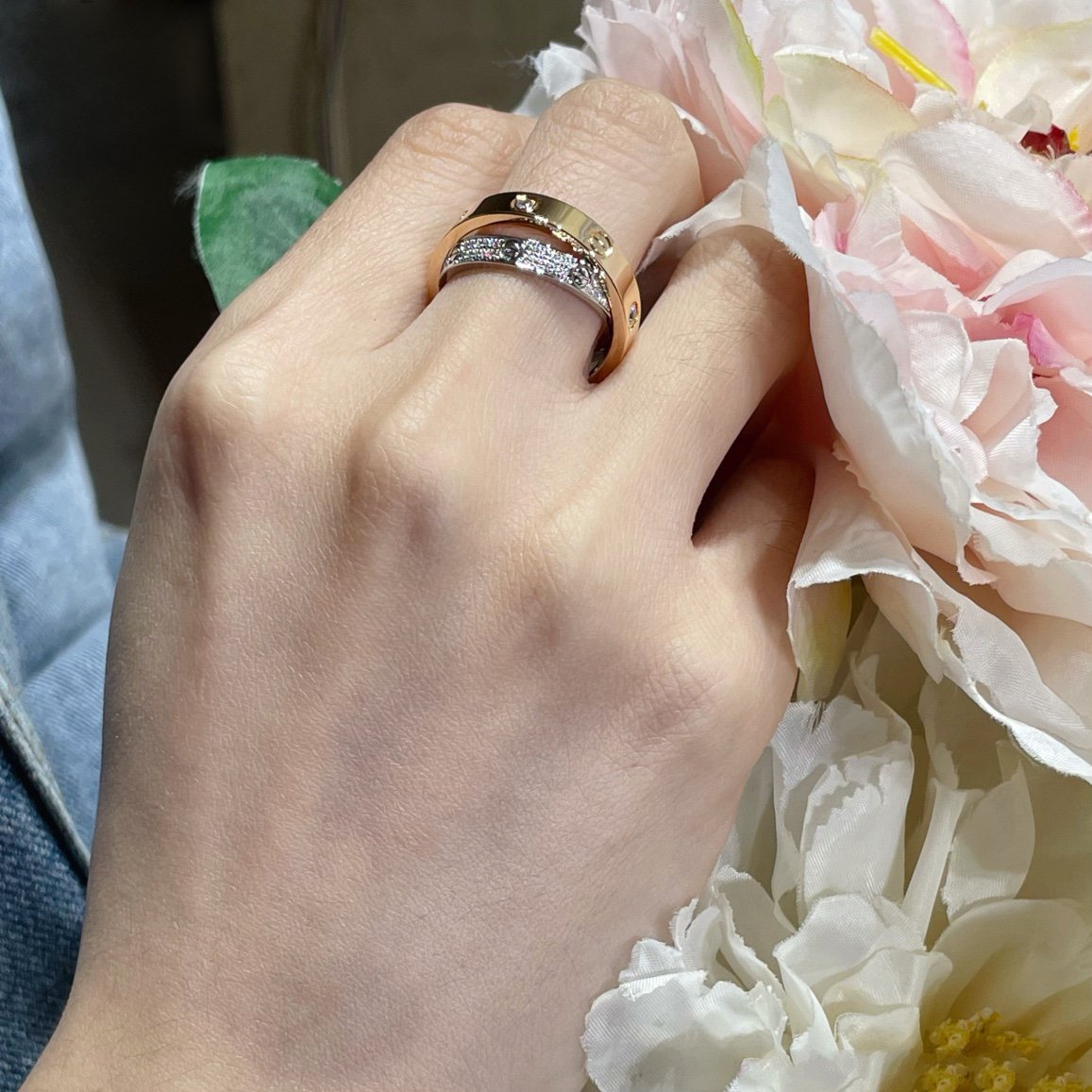 [✨ROSE✨]LOVE PINK GOLD SILVER DIAMOND DOUBLE RING