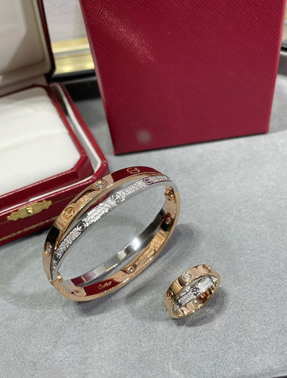 [✨ROSE✨]LOVE PINK GOLD SILVER DIAMOND DOUBLE RING