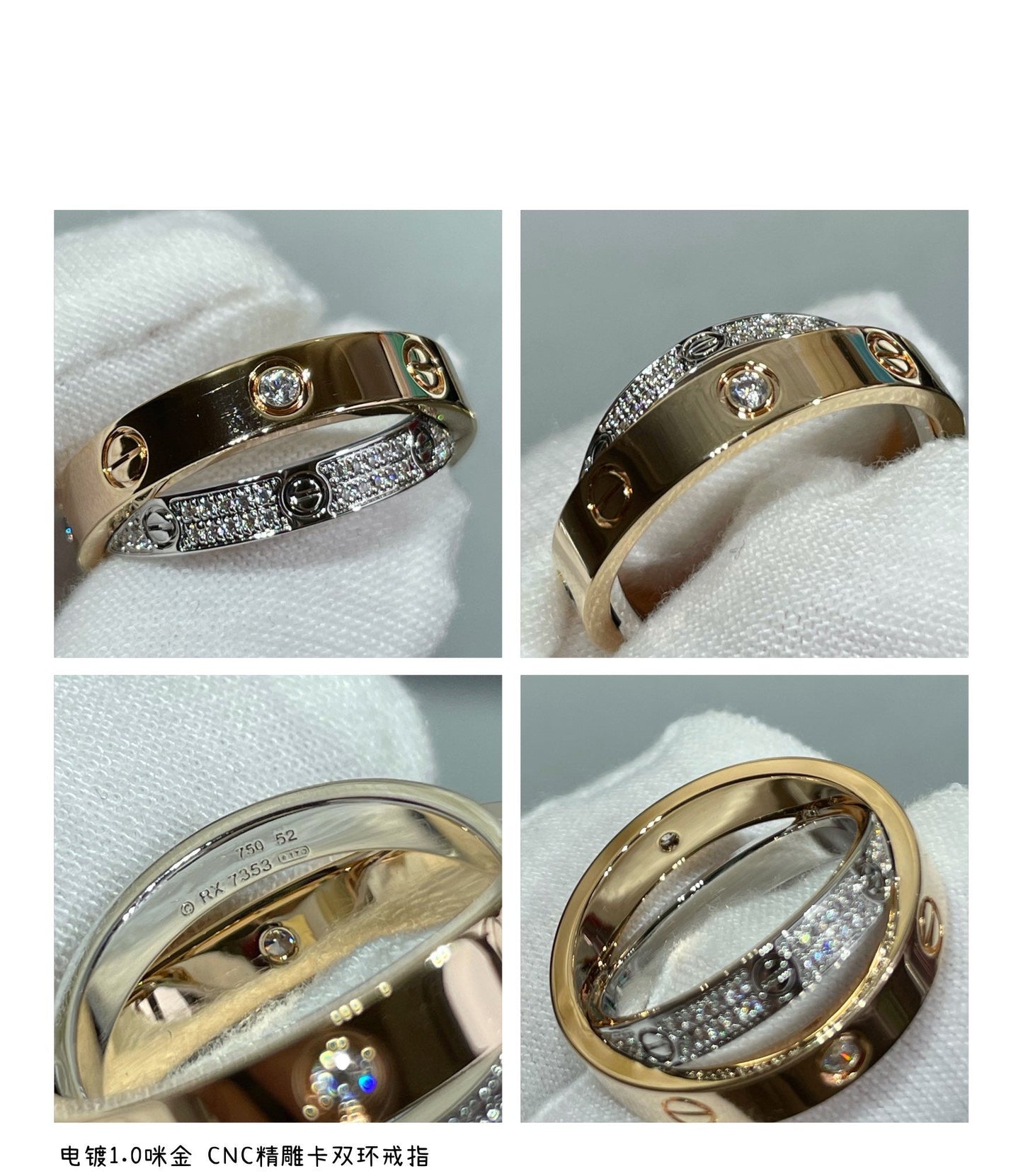 [✨ROSE✨]LOVE PINK GOLD SILVER DIAMOND DOUBLE RING