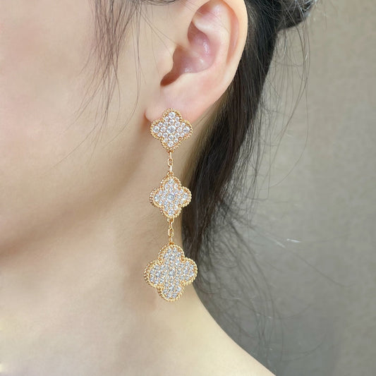 [✨ROSE✨]CLOVER 3 MOTIFS DIAMOND PAVED ROSE GOLD EARRINGS