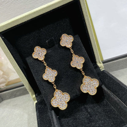 [✨ROSE✨]CLOVER 3 MOTIFS DIAMOND PAVED ROSE GOLD EARRINGS