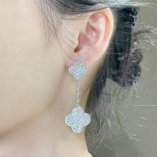 [✨ROSE✨]CLOVER 2 MOTIFS DIAMOND PAVED SILVER EARRINGS