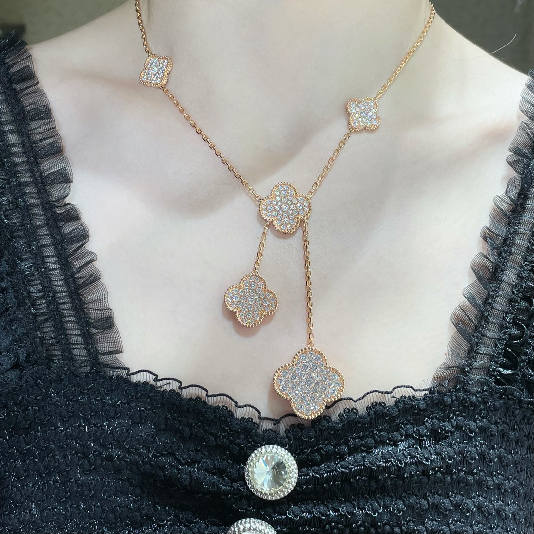 [✨ROSE✨]CLOVER 6 MOTIF DIAMOND PAVED NECKLACE