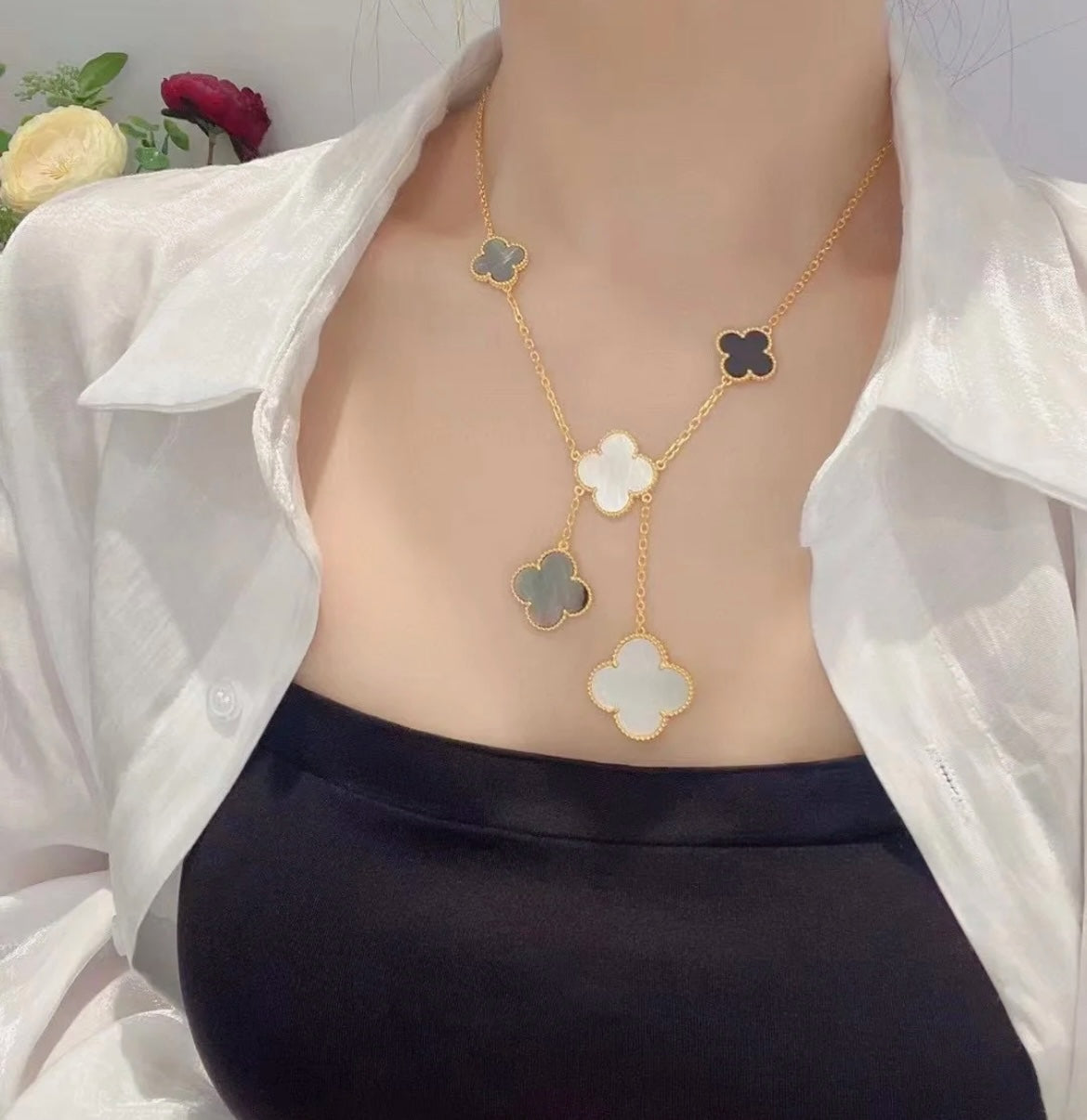 [✨ROSE✨]CLOVER 6 MOTIF MOP ONYX GOLD NECKLACE