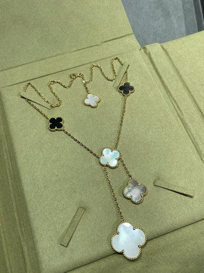 [✨ROSE✨]CLOVER 6 MOTIF MOP ONYX GOLD NECKLACE