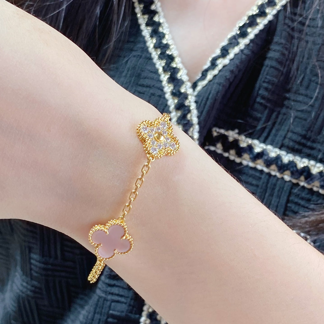 [✨ROSE✨]CLOVER 5 MOTIF DIAMOND PINK MOP PINK GOLD BRACELET