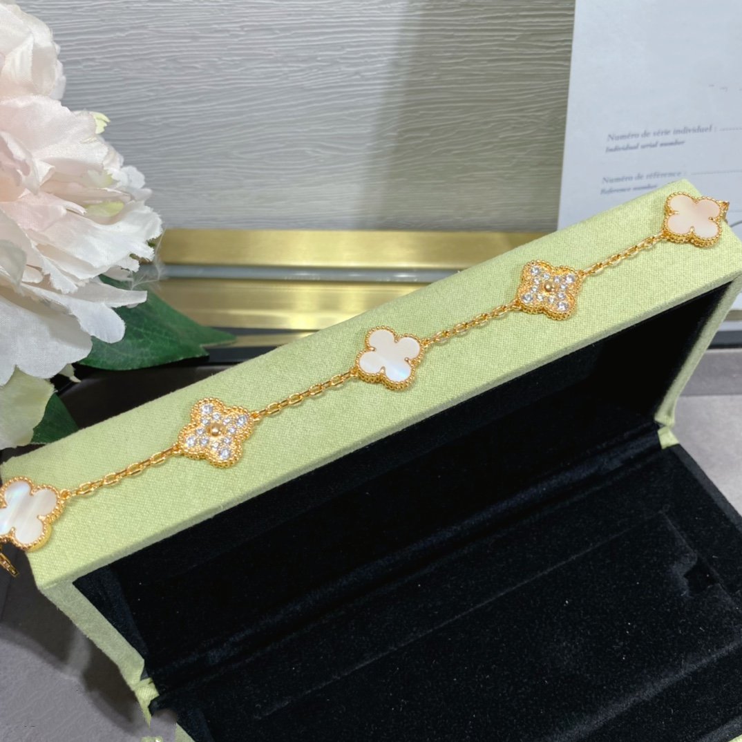 [✨ROSE✨]CLOVER 5 MOTIF DIAMOND PINK MOP PINK GOLD BRACELET