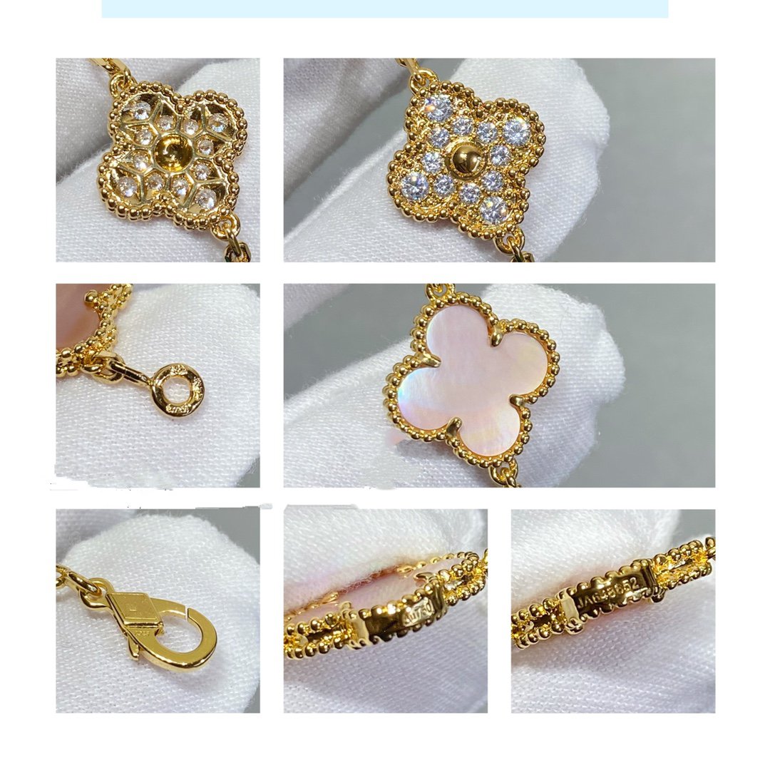 [✨ROSE✨]CLOVER 5 MOTIF DIAMOND PINK MOP PINK GOLD BRACELET