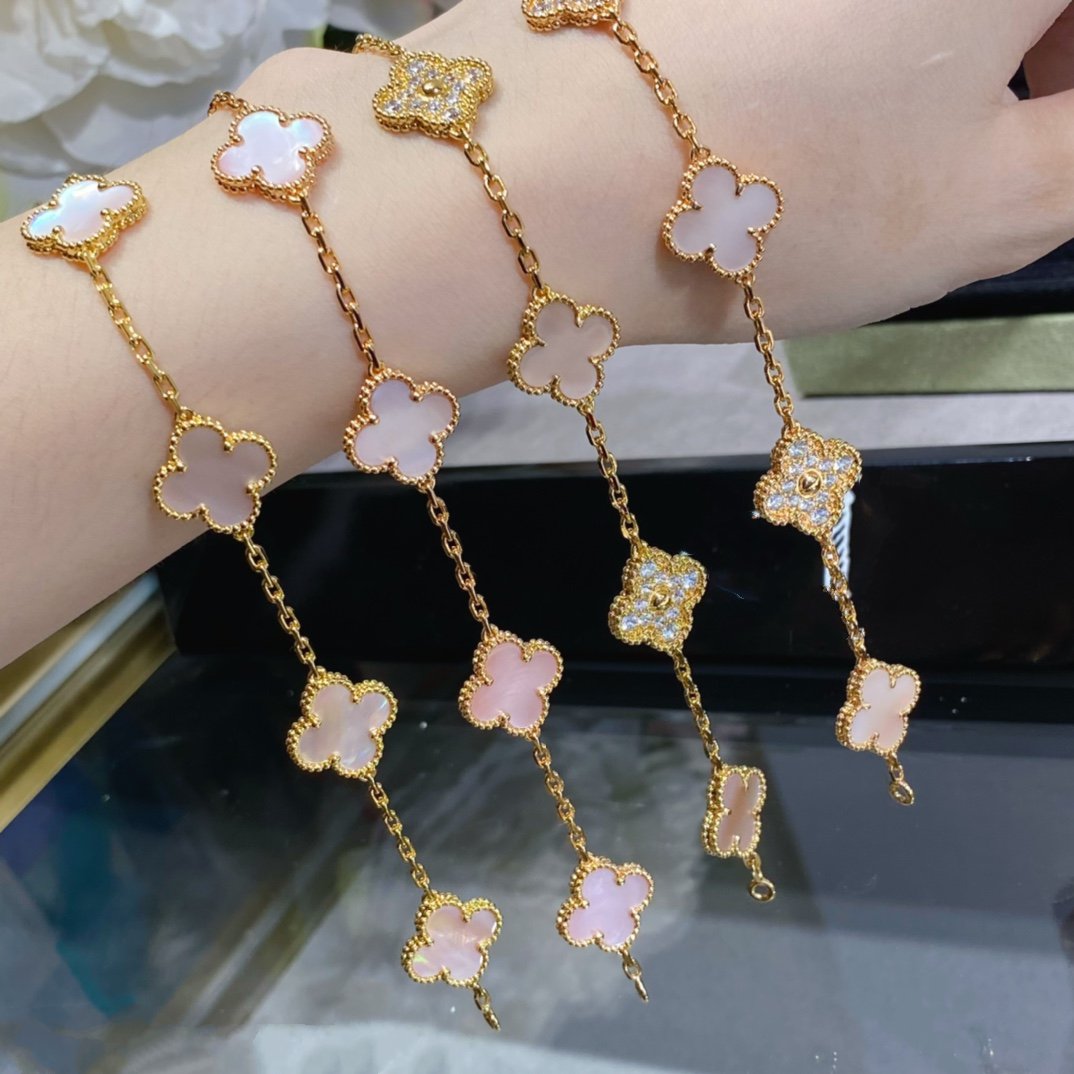 [✨ROSE✨]CLOVER 5 MOTIF DIAMOND PINK MOP PINK GOLD BRACELET