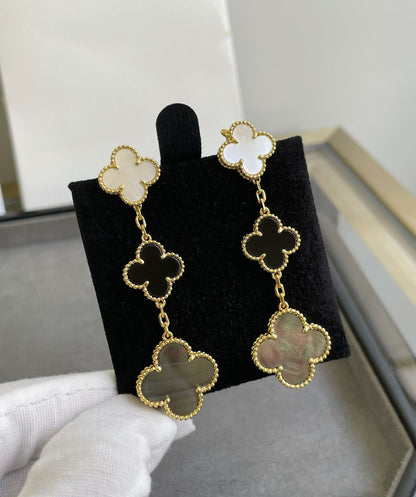 [✨ROSE✨]CLOVER 3 MOTIF MOP ONYX DARK MOP PINK GOLD EARRINGS