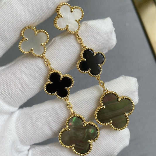 [✨ROSE✨]CLOVER 3 MOTIF MOP ONYX DARK MOP PINK GOLD EARRINGS