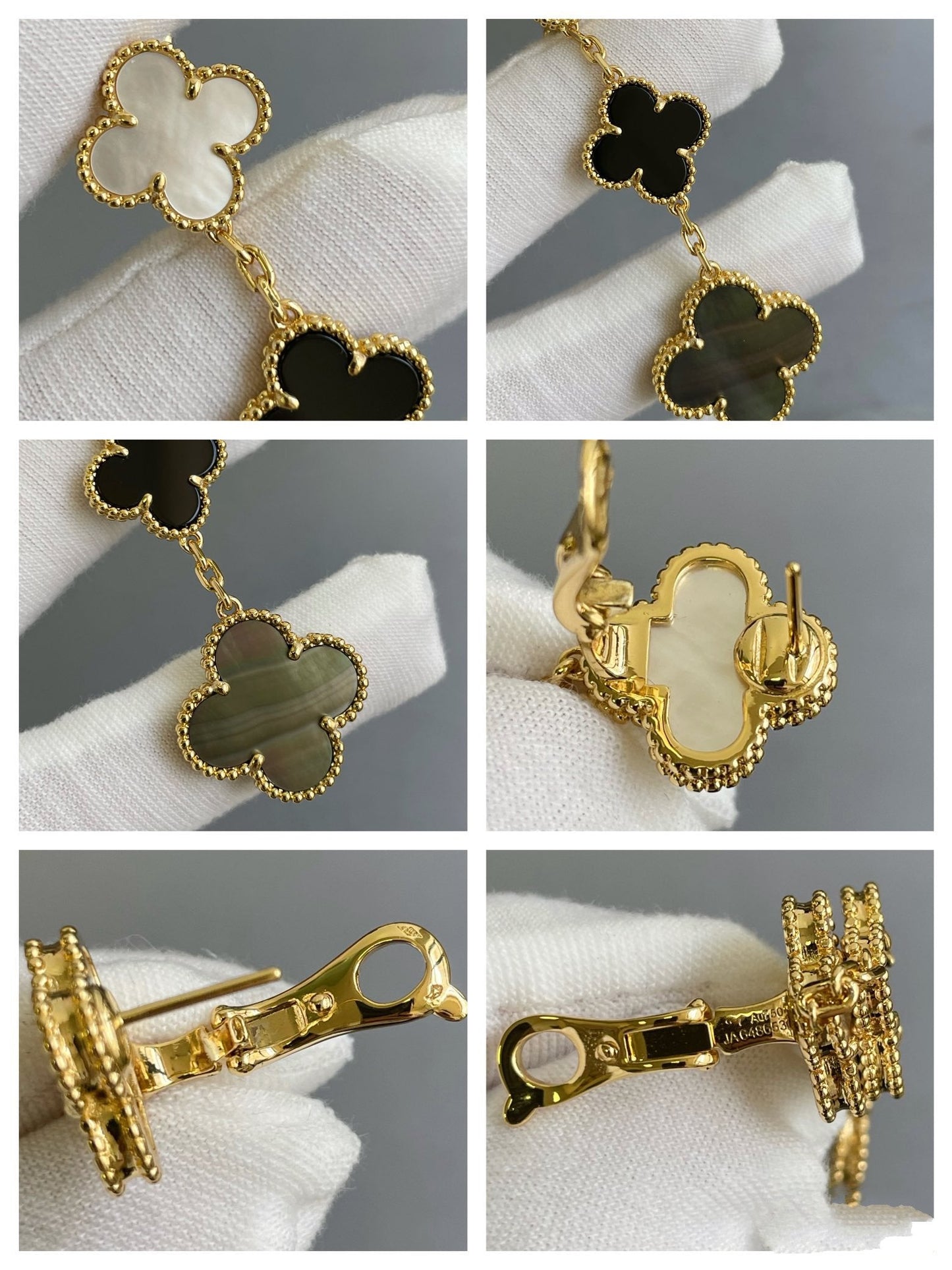 [✨ROSE✨]CLOVER 3 MOTIF MOP ONYX DARK MOP PINK GOLD EARRINGS