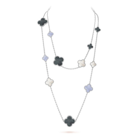 [✨ROSE✨]CLOVER 16 MOTIF CHALCEDONY MOP SILVER NECKLACE