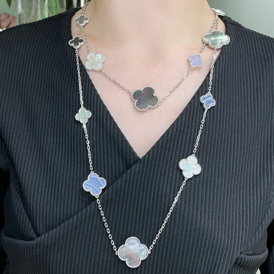 [✨ROSE✨]CLOVER 16 MOTIF CHALCEDONY MOP SILVER NECKLACE