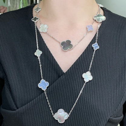 [✨ROSE✨]CLOVER 16 MOTIF CHALCEDONY MOP SILVER NECKLACE