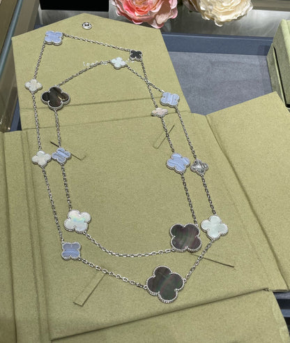 [✨ROSE✨]CLOVER 16 MOTIF CHALCEDONY MOP SILVER NECKLACE