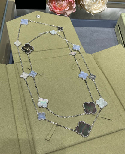 [✨ROSE✨]CLOVER 16 MOTIF CHALCEDONY MOP SILVER NECKLACE