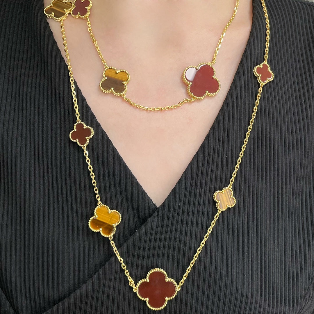 [✨ROSE✨]CLOVER 16 MOTIF CARNELIAN TIGER EYE ROSE GOLD NECKLACE