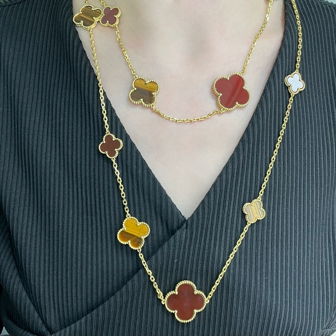 [✨ROSE✨]CLOVER 16 MOTIF CARNELIAN TIGER EYE ROSE GOLD NECKLACE