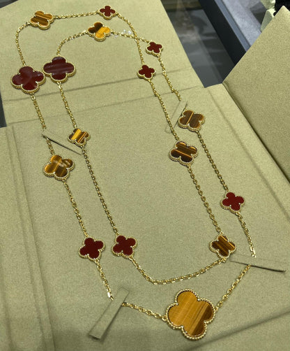 [✨ROSE✨]CLOVER 16 MOTIF CARNELIAN TIGER EYE ROSE GOLD NECKLACE