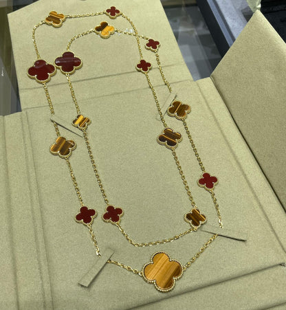 [✨ROSE✨]CLOVER 16 MOTIF CARNELIAN TIGER EYE ROSE GOLD NECKLACE