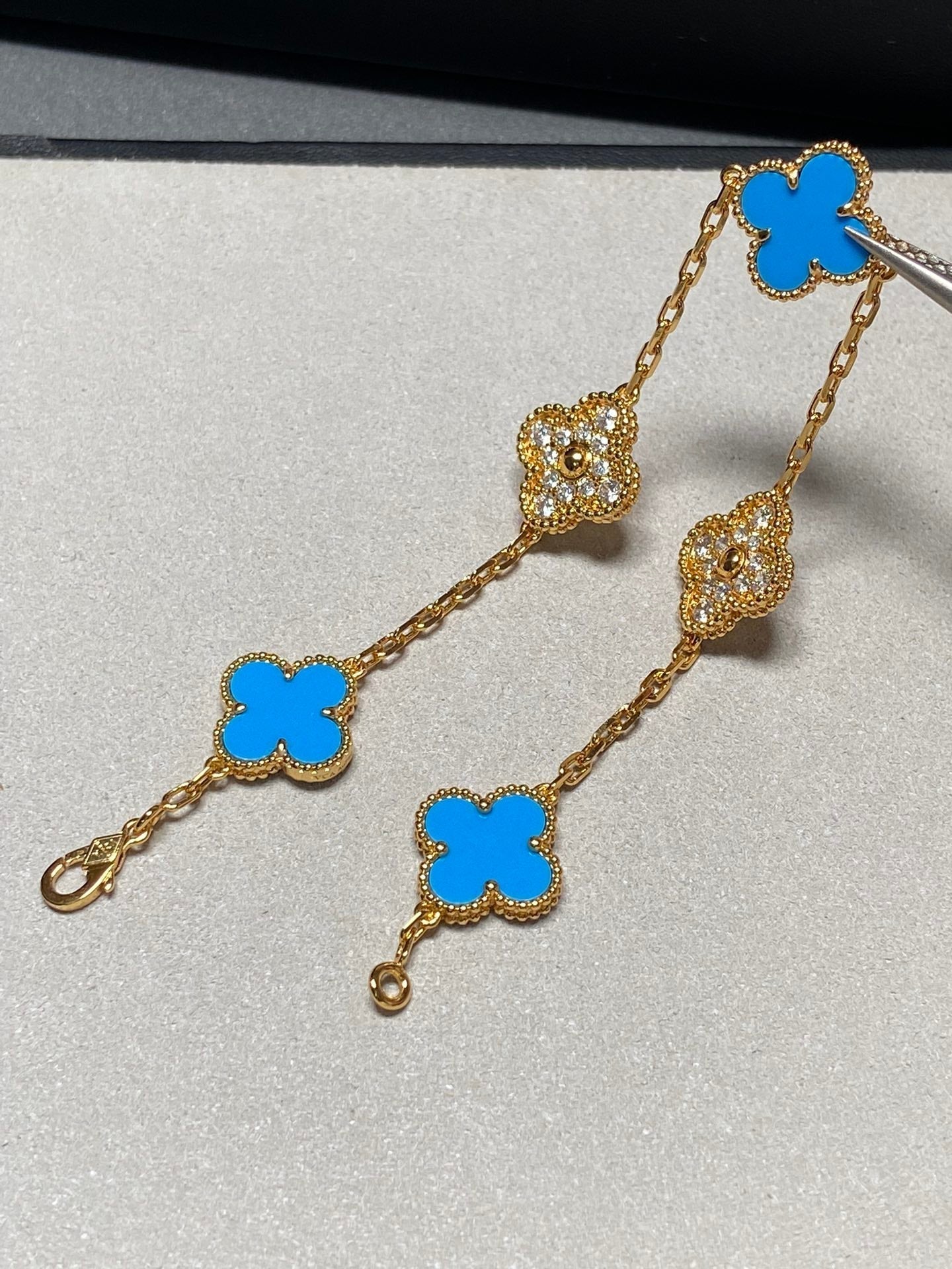 [✨ROSE✨]CLOVER 5 MOTIF BLUE CHALCEDONY DIAMOND GOLD BRACELET