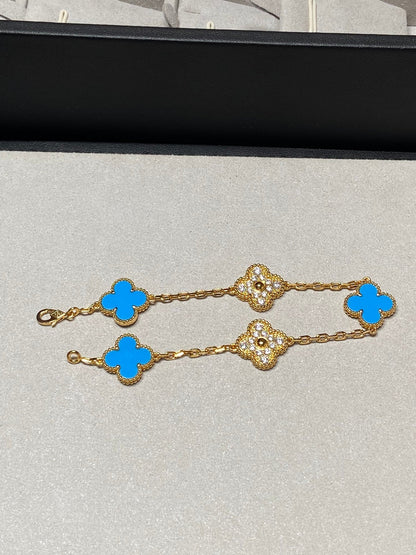[✨ROSE✨]CLOVER 5 MOTIF BLUE CHALCEDONY DIAMOND GOLD BRACELET