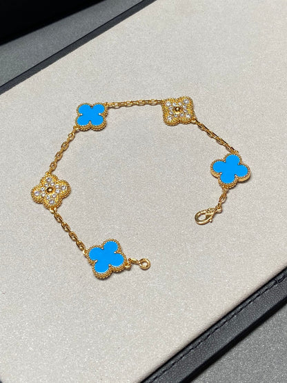 [✨ROSE✨]CLOVER 5 MOTIF BLUE CHALCEDONY DIAMOND GOLD BRACELET