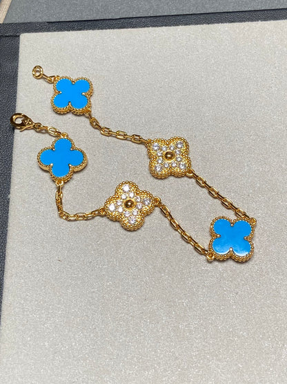[✨ROSE✨]CLOVER 5 MOTIF BLUE CHALCEDONY DIAMOND GOLD BRACELET