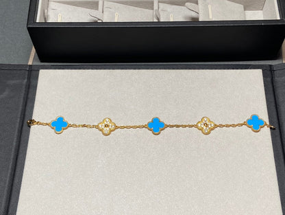 [✨ROSE✨]CLOVER 5 MOTIF BLUE CHALCEDONY DIAMOND GOLD BRACELET