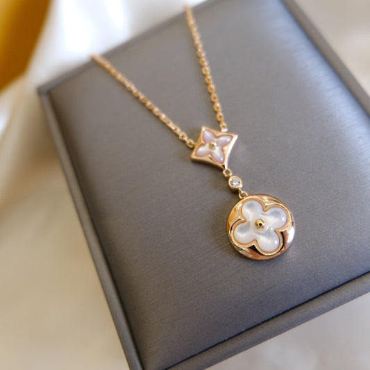 [✨ROSE✨]STAR AND SUN WHITE MOP 2 MOTIF PINK GOLD NECKLACE