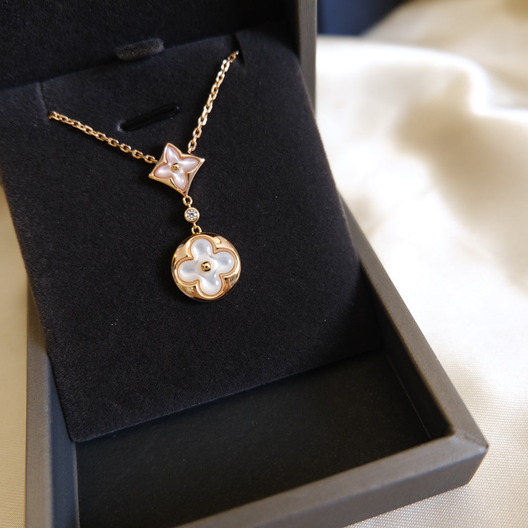 [✨ROSE✨]STAR AND SUN WHITE MOP 2 MOTIF PINK GOLD NECKLACE