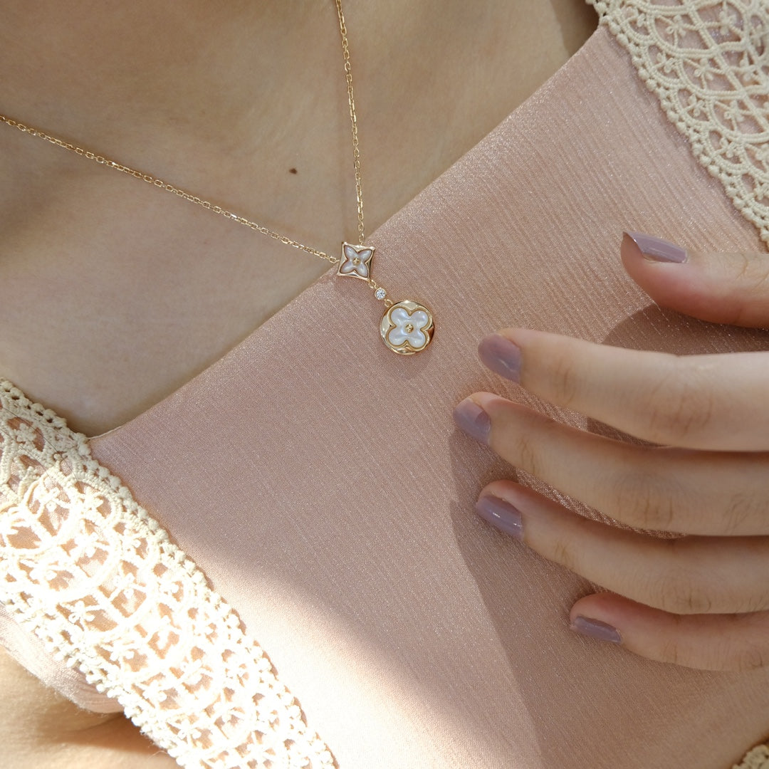 [✨ROSE✨]STAR AND SUN WHITE MOP 2 MOTIF PINK GOLD NECKLACE