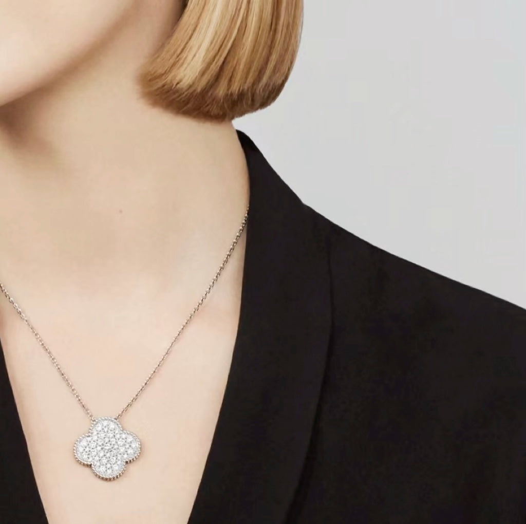[✨ROSE✨]CLOVER 25MM LARGE PENDANT DIAMOND PAVED SILVER NECKLACE