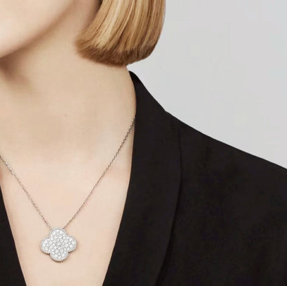 [✨ROSE✨]CLOVER 25MM LARGE PENDANT DIAMOND PAVED SILVER NECKLACE