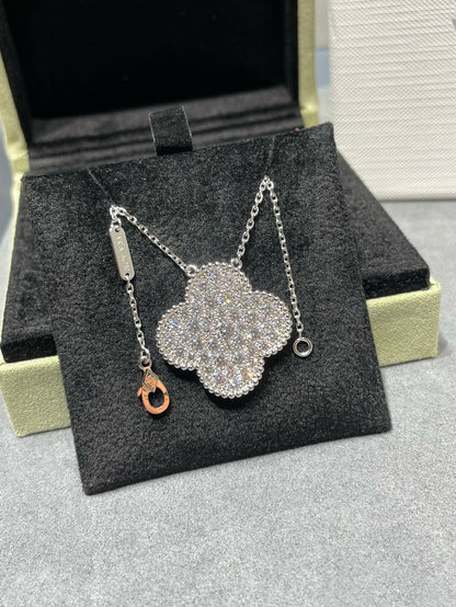 [✨ROSE✨]CLOVER 25MM LARGE PENDANT DIAMOND PAVED SILVER NECKLACE