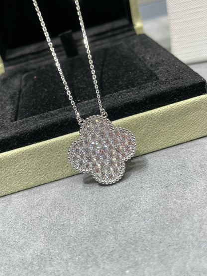 [✨ROSE✨]CLOVER 25MM LARGE PENDANT DIAMOND PAVED SILVER NECKLACE