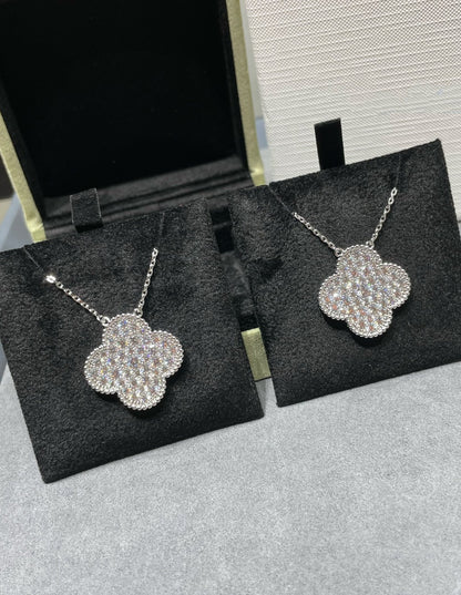 [✨ROSE✨]CLOVER 25MM LARGE PENDANT DIAMOND PAVED SILVER NECKLACE