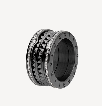 [✨ROSE✨]ZERO 1 ROCK FOUR-BAND BLACK CERAMIC WITH STUDDED SPIRAL AND PAVED DIAMONDS RING