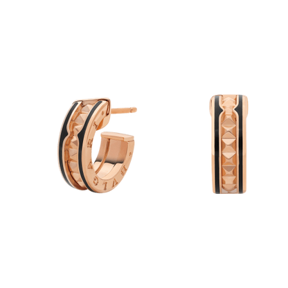 [✨ROSE✨]ZERO 1 ROCK PINK GOLD EARRINGS WITH STUDDED SPIRAL AND BLACK CERAMIC
