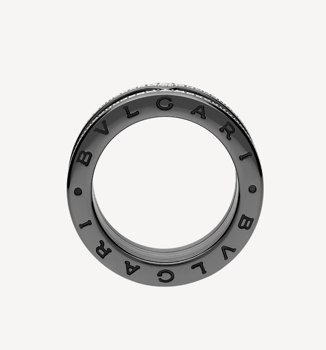 [✨ROSE✨]ZERO 1 ROCK FOUR-BAND BLACK CERAMIC WITH STUDDED SPIRAL AND PAVED DIAMONDS RING