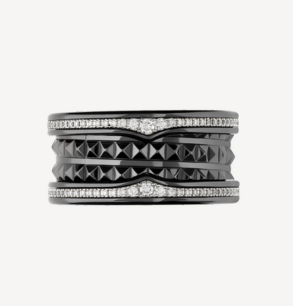 [✨ROSE✨]ZERO 1 ROCK FOUR-BAND BLACK CERAMIC WITH STUDDED SPIRAL AND PAVED DIAMONDS RING