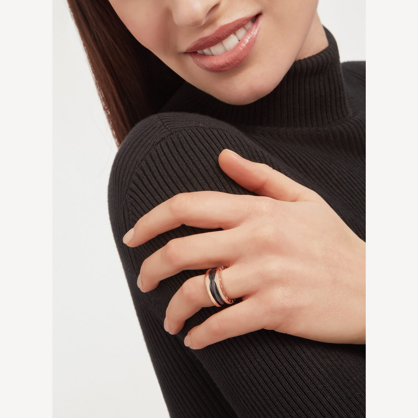 [✨ROSE✨]ZERO 1 TWO-BAND LOOPS AND BLACK CERAMIC PINK GOLD RING